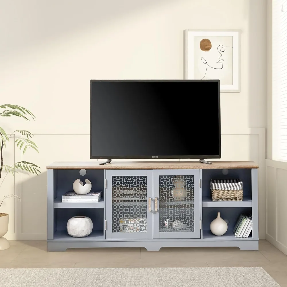 

Modern Farmhouse TV Media Stand, Large Home Entertainment Console, for TV Up to 80'', with Open Shelves and Glass Door Cabinets