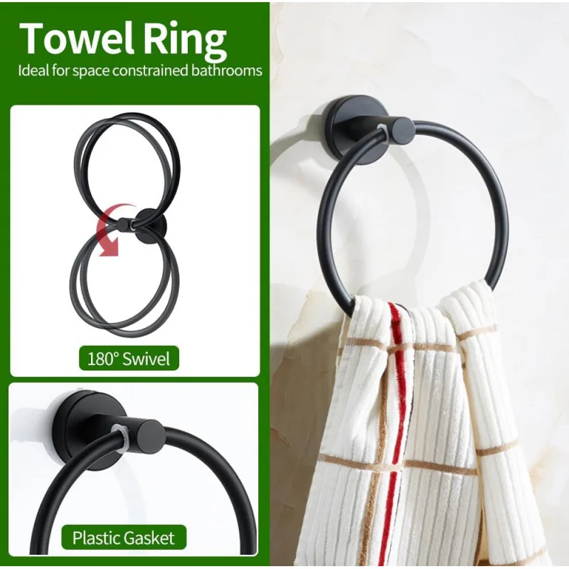 Bathroom Hardware Set, 24in Retractable Hand Towel Bar with, Towel Ring, 2pcs Multifunctional Robe Hooks (5