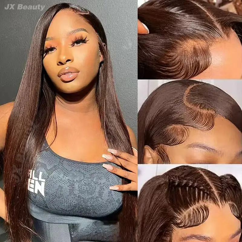 

34-дюймовый прямой парик из натуральных волос цвета шоколадно-коричневый, с кружевной передней частью 13x6 # 4-цветный парик из натуральных волос с кружевной вставкой 13x4, предварительно выщипанный