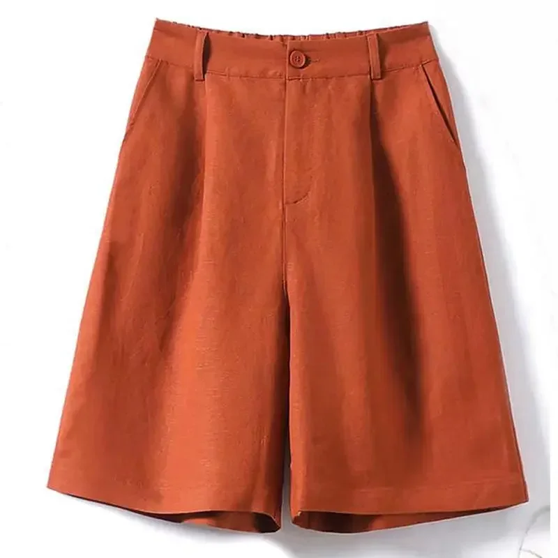 Shorts de algodão e linho para mulheres verão 2025 solto cintura alta calças largas perna casual versátil sólido retro shorts retos