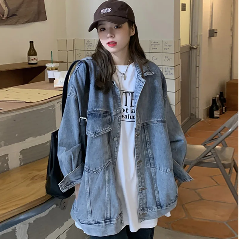 New Korean Denim Jacket Women Autumn Outerwear Oversized Long Sleeve Coat Female Vintage Loose Streetwear Jeans Jackets Top