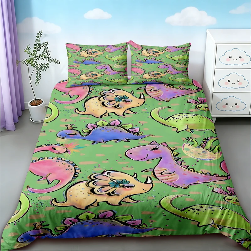 Duvet Cover Cute Dinosaur King Queen Kawaii Cartoon Wild Dino Bedding Set for Kids Boys Girls Jungle Animals Comforter Cover view 3