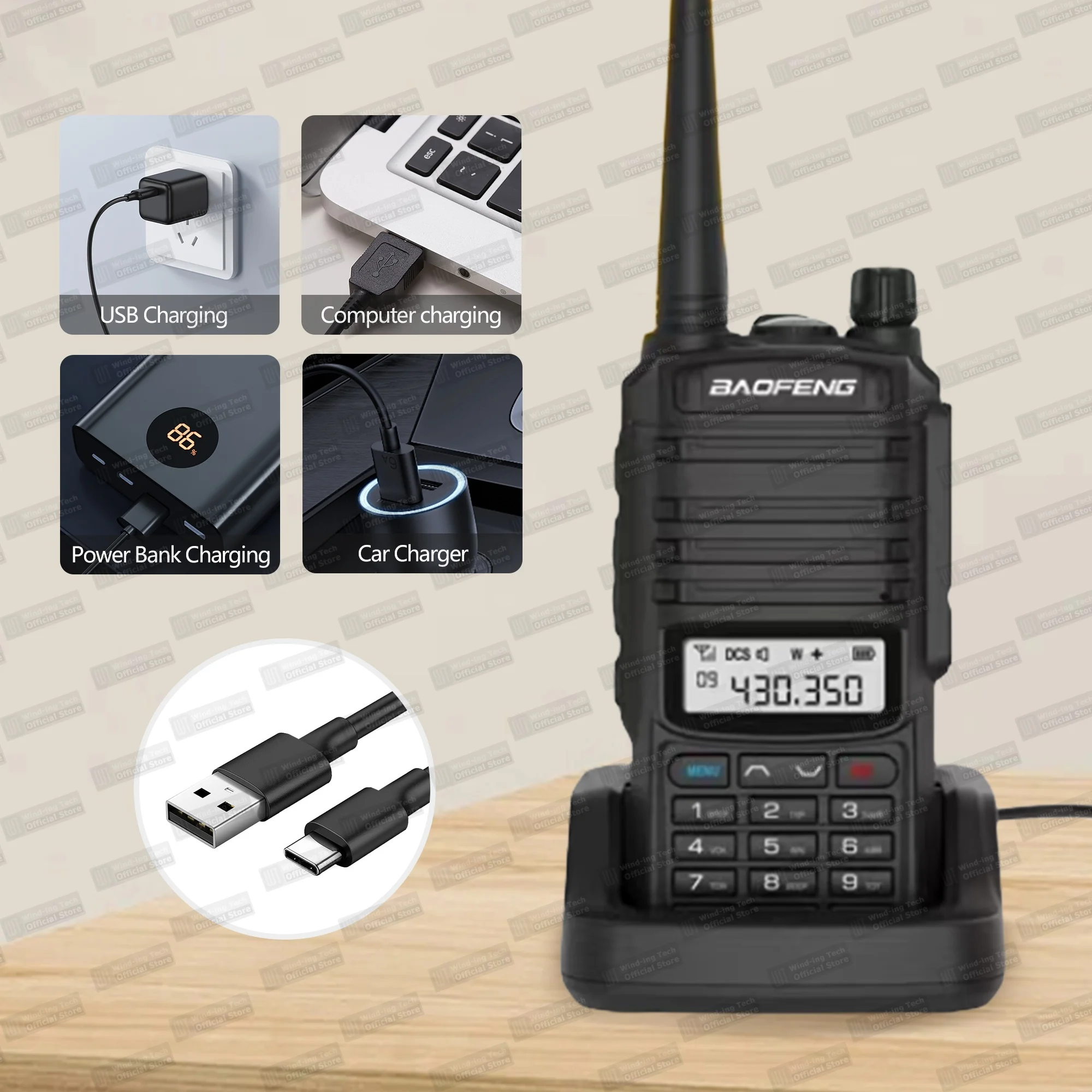 Baofeng BF-1907 اسلكية تخاطب FM ثنائي النطاق IP57 مقاوم للماء VOX مصباح ليد جيب طويلة المدى هام راديو نوع-C شاحن راديو محمول