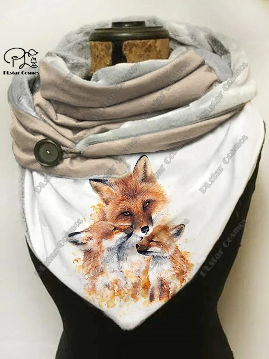 3D printing animal series cute fox fallen leaves snowflake pattern women\'s warm shawl spring and winter small triangle scarf H-2