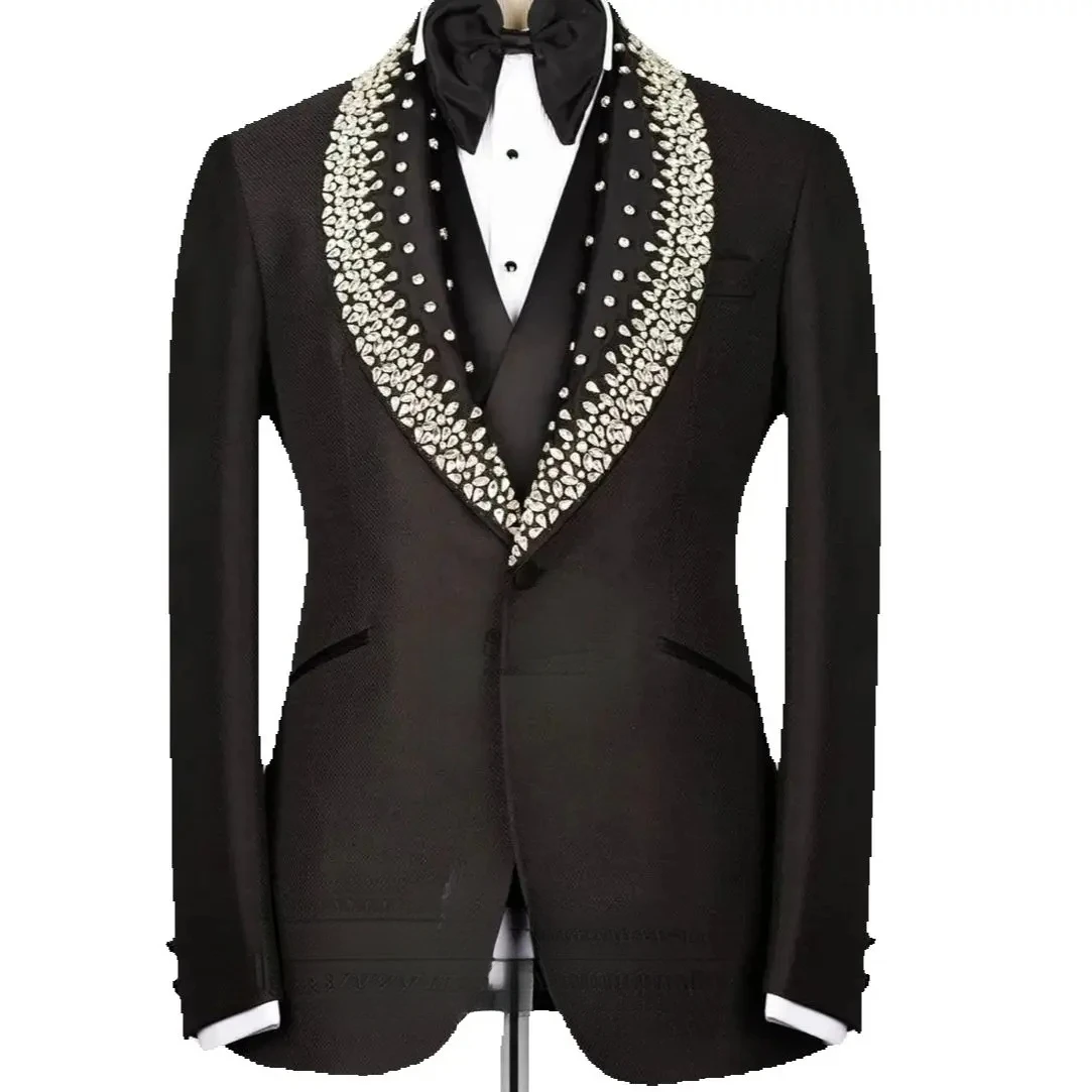 

Elegante Men Suit Black Blazer Formal Tuxedo Beaded Crystals Prom Party Clothes Customized Wedding Groom Business Dinner Prom
