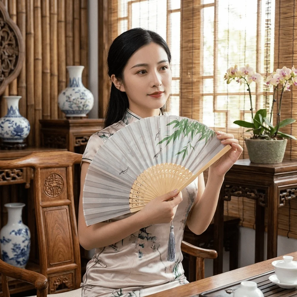 Decorative 7-Inch Ancient Style Folding Fan Classical Traditional Hand Cranked Fan Handmade with Tassels Chinese Fan Party