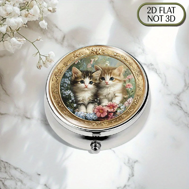 A flat, portable, round metal pill box featuring two cute cats around a flower, with a gold border, designed for storing medication. It's a perfect gift for Father's Day or Independence Day, ideal for storing vitamins and is multi-functional