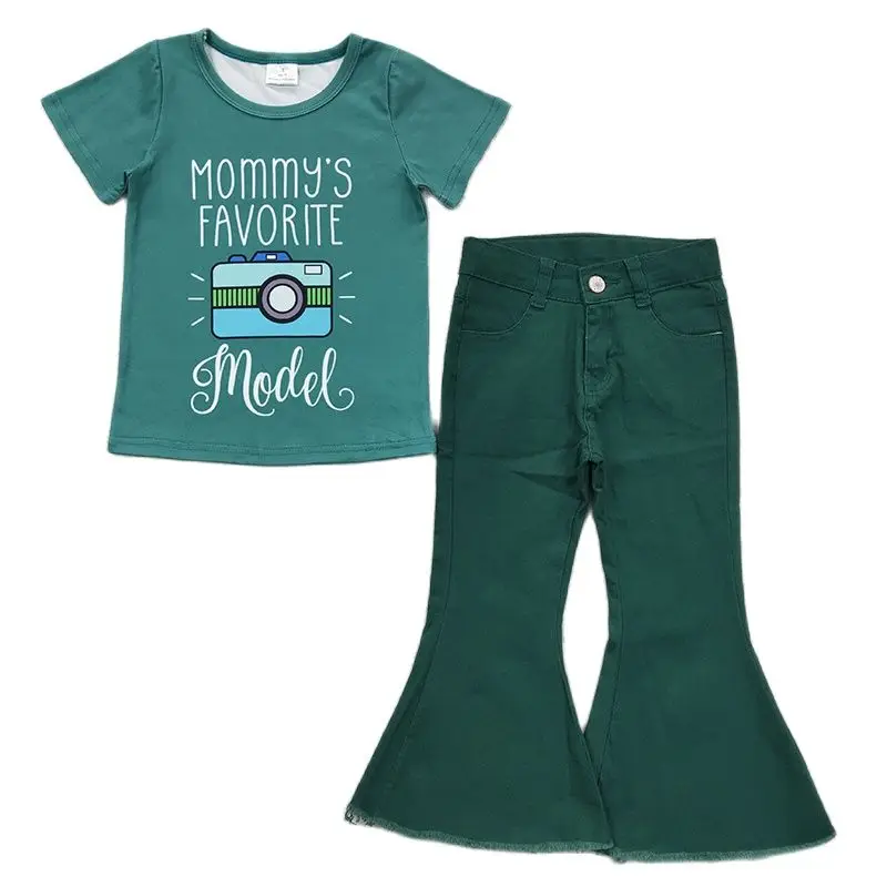 Wholesale Baby Girl Green Jeans Set Children Toddler Short Sleeves Mommy's Favorite Model Shirt Denim Pants Kid Infant Outfit