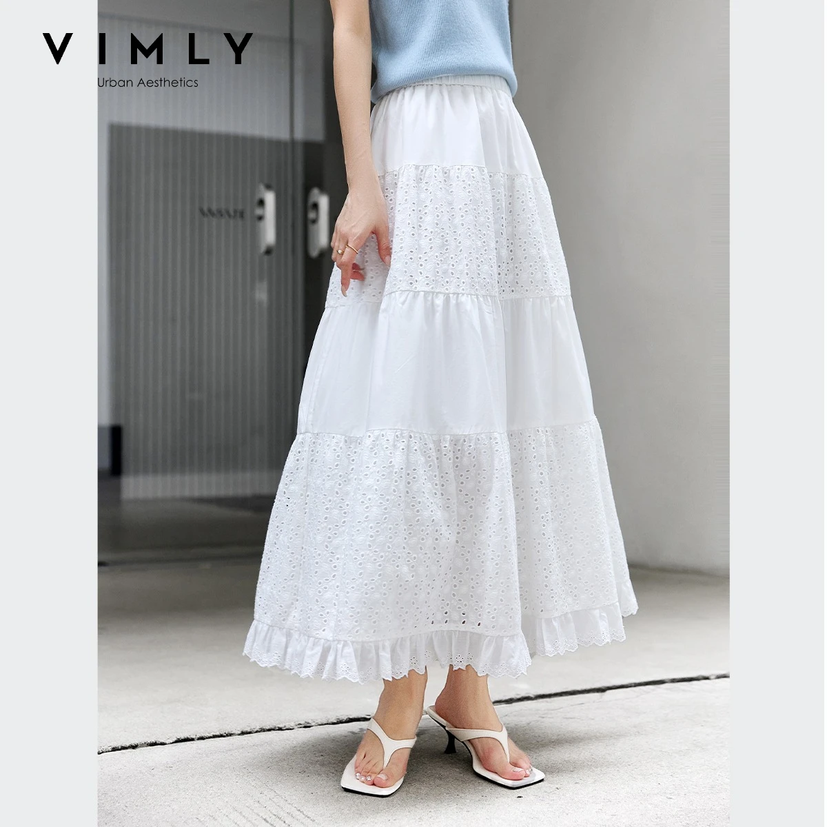 VIMLY Cloud White Spliced Lace Trim Skirt for Women 2026 Fall Draped Loose Umbrella Skirt Elegant Holiday Female Clothing A0298
