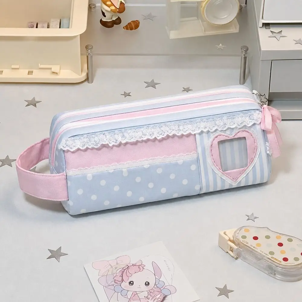 Multi Function Pink Blue Pencil Case Polka Dot Design Large Capacity Pen Bag Stationery Bag Students