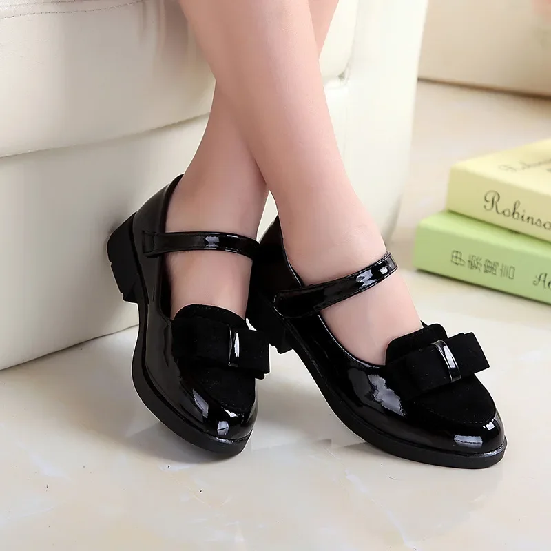 Girls Leather Shoes Princess Sweet Kids Flats With Bow-knot For Formal Occasions Children\'s Mary Janes Black Party Dancing Shoes