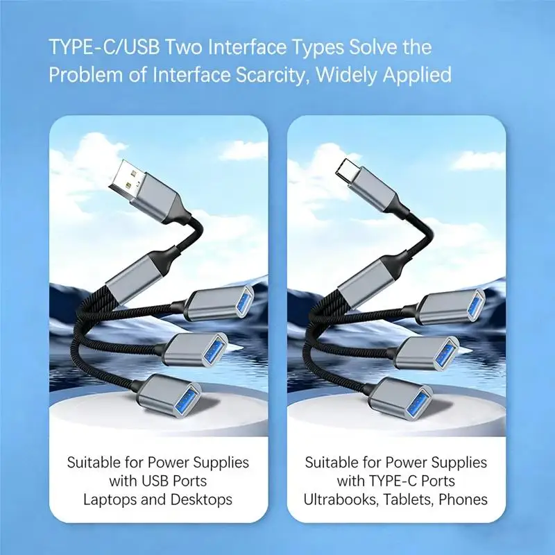 3 In 1 Type C To USB 3 Ports Hub Splitter Portable Multi Port USB Expander Adapter For Laptop Desktop Phone Office Use