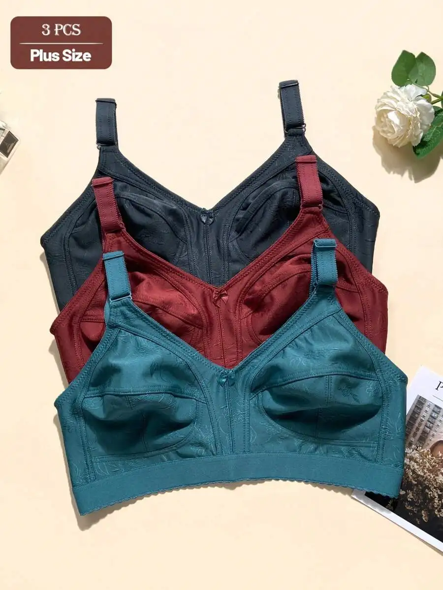 3-Pack Plus Size Womens Floral Knit Bra Set  Banded Waist, Adjustable Straps, Soft Comfort Fit