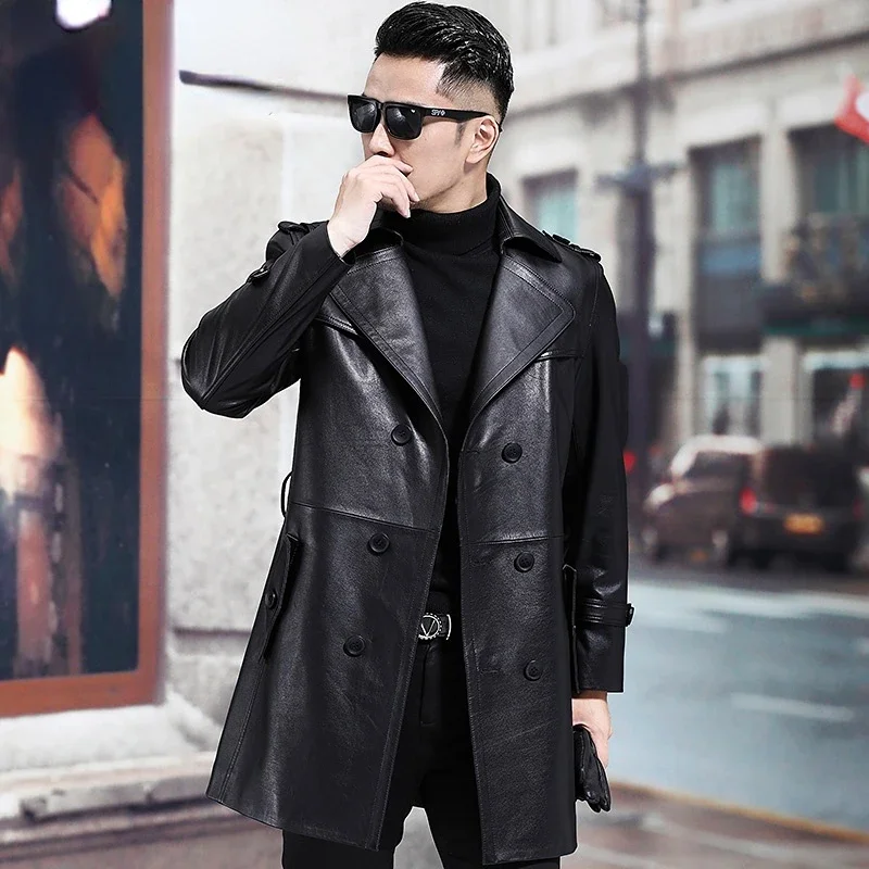 YOLANFAIRY Spring Autumn Men's Leather Jacket Man Clothes Middle Long Genuine Leather Cowhide Windbreaker Men Top Coat Plush