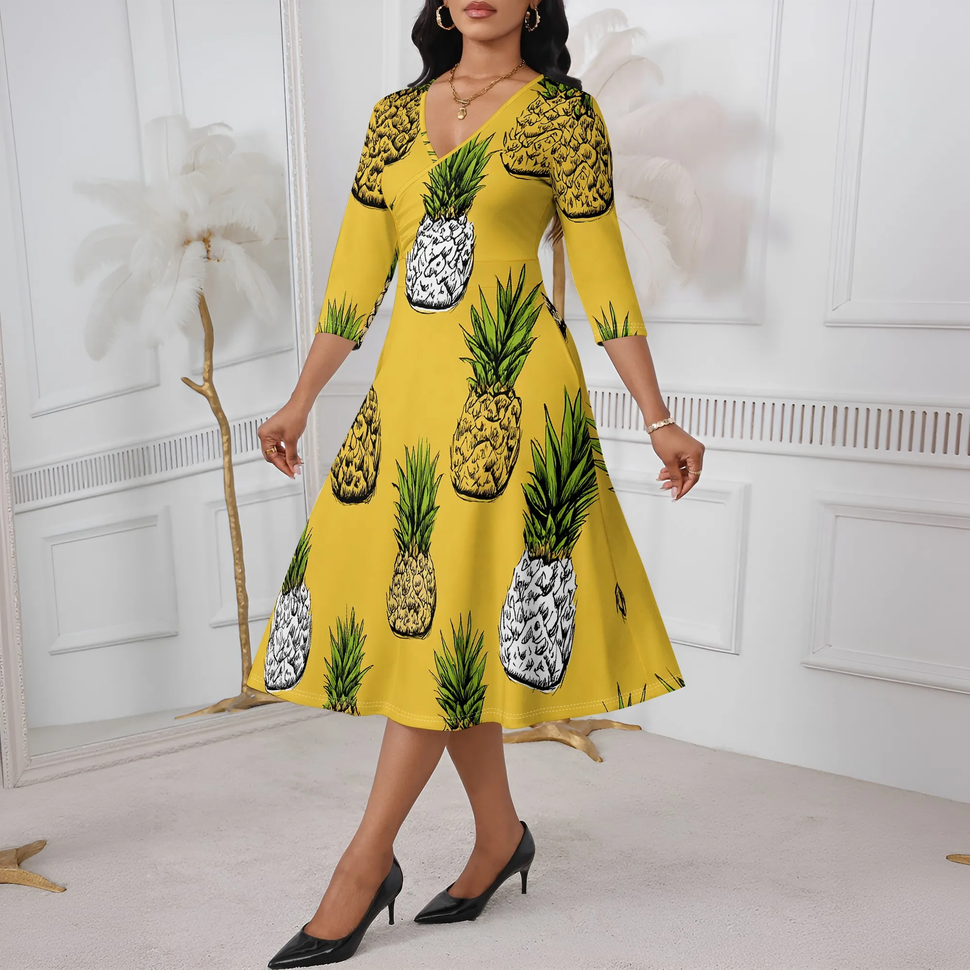 

Yellow Pineapple Print Midi Dress XS-3XL Tropical Summer Style for Beach Day, Cruise Vacation or Brunch Look