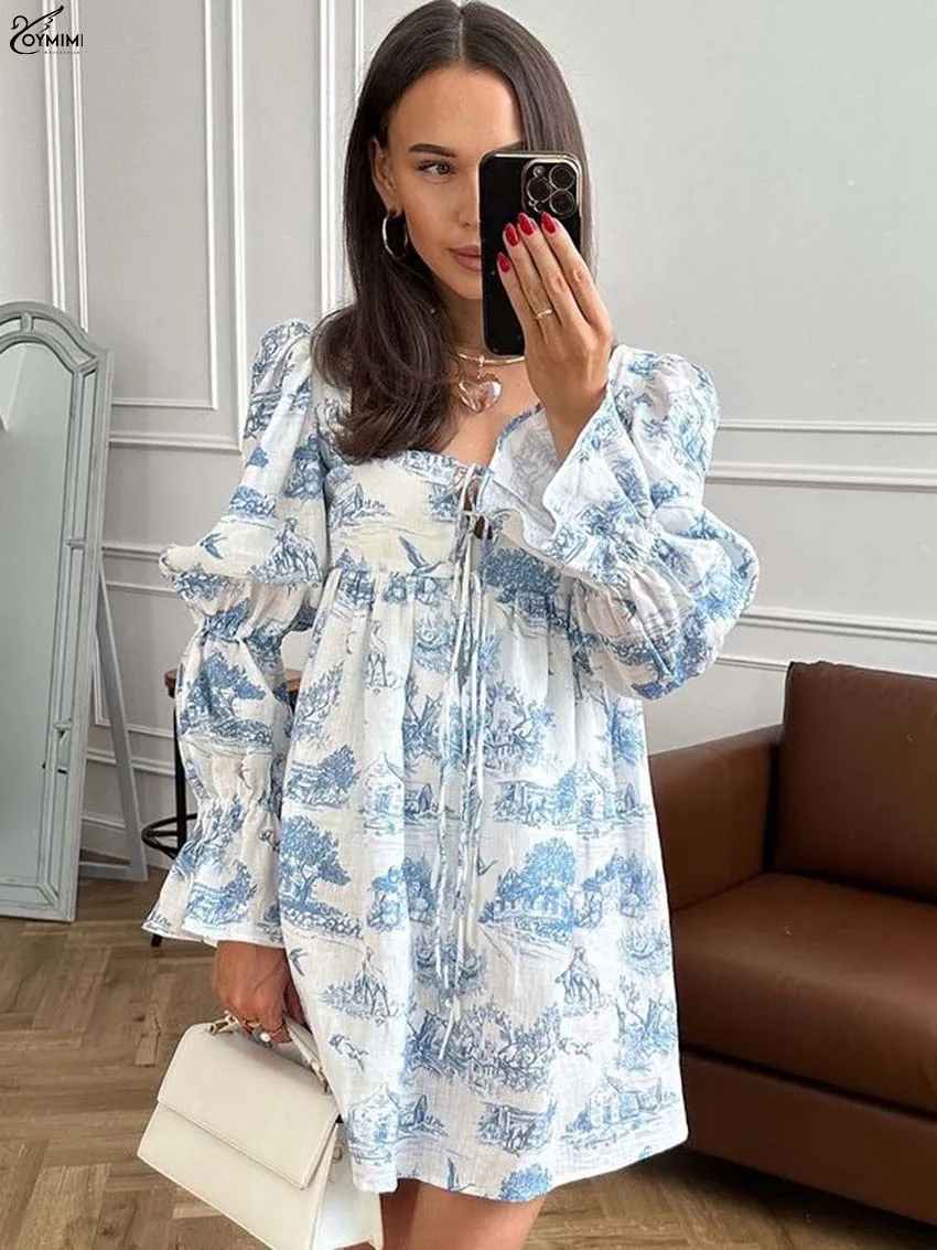 

Oymimi Casual Blue Print Women's Dress Fashion Turn-Down Collar Long Sleeve Lace-Up Dresses Elegant High Waist Loose Mini Dress