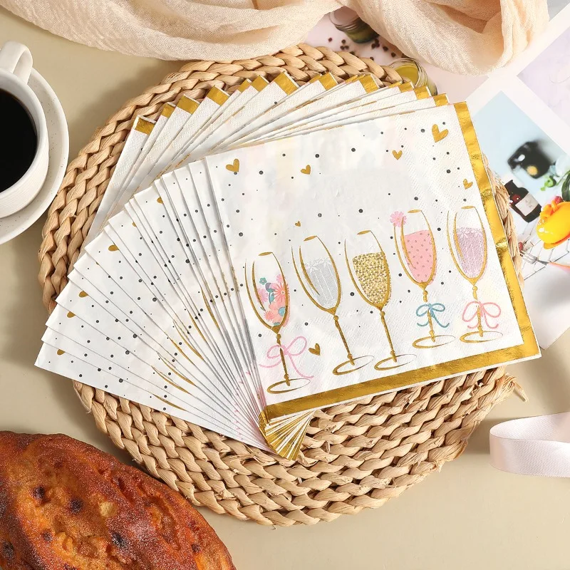 20pcs 33*33cm 2Layer Gold-stamped Series Birthday Party Napkins Spanish Happy Birthday Wine Glass Printing Paper Folding Paper