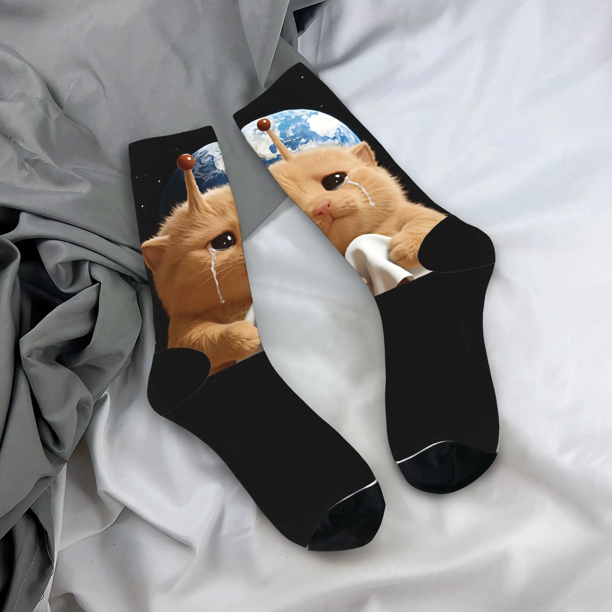 Sad Crying Aliens Cat Stockings  Funny Socks Unisex Men Medium Soft Socks Autumn Running Graphic Non Skid Socks Gift Idea
