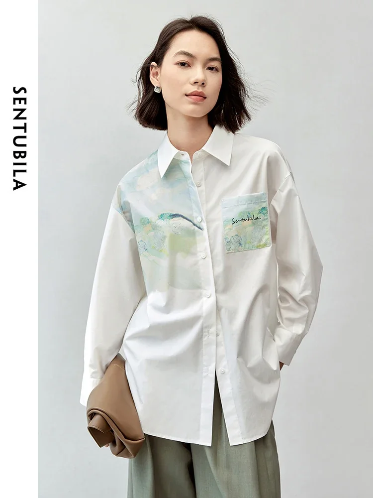 SENTUBILA Women Casual Lyocell Shirt 2024 Autumn Art Printing Turn Down Collar Loose Simple Blouse Tops 143C56911