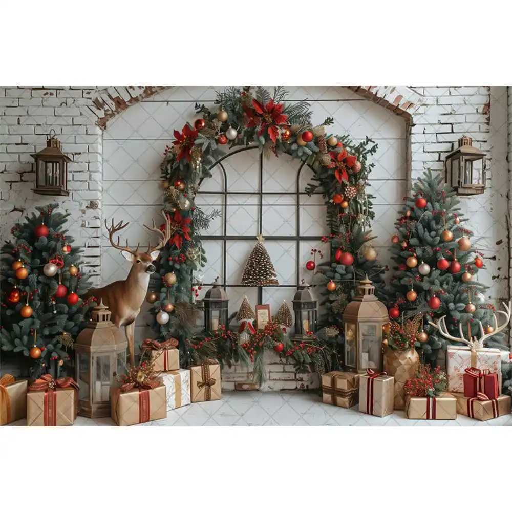 Christmas Tree Window Elk Photography Background Wreath Family Christmas Eve Party Decoration New Year Background Photo Props