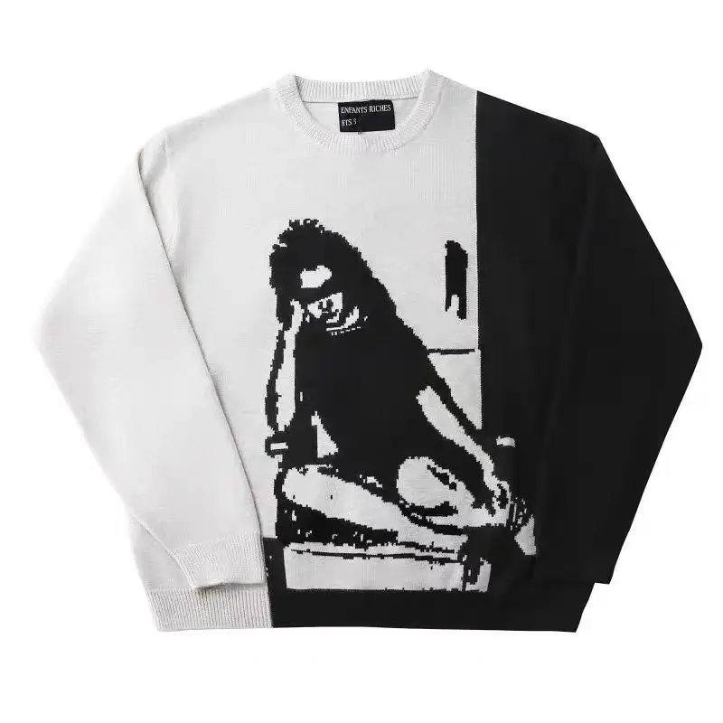 Men's Casual Retro Clothing Sweater Streetwear Knitted Aesthetics Harajuku Portrait Painting Gothic Graphic Vintage Pullover New