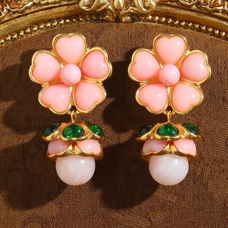 

Vintage Peach Flower Pink Drop Earring Large Rhinestone For Women Natural Stone Retro Style Luxury 2026 New Daily Jewelry Trends