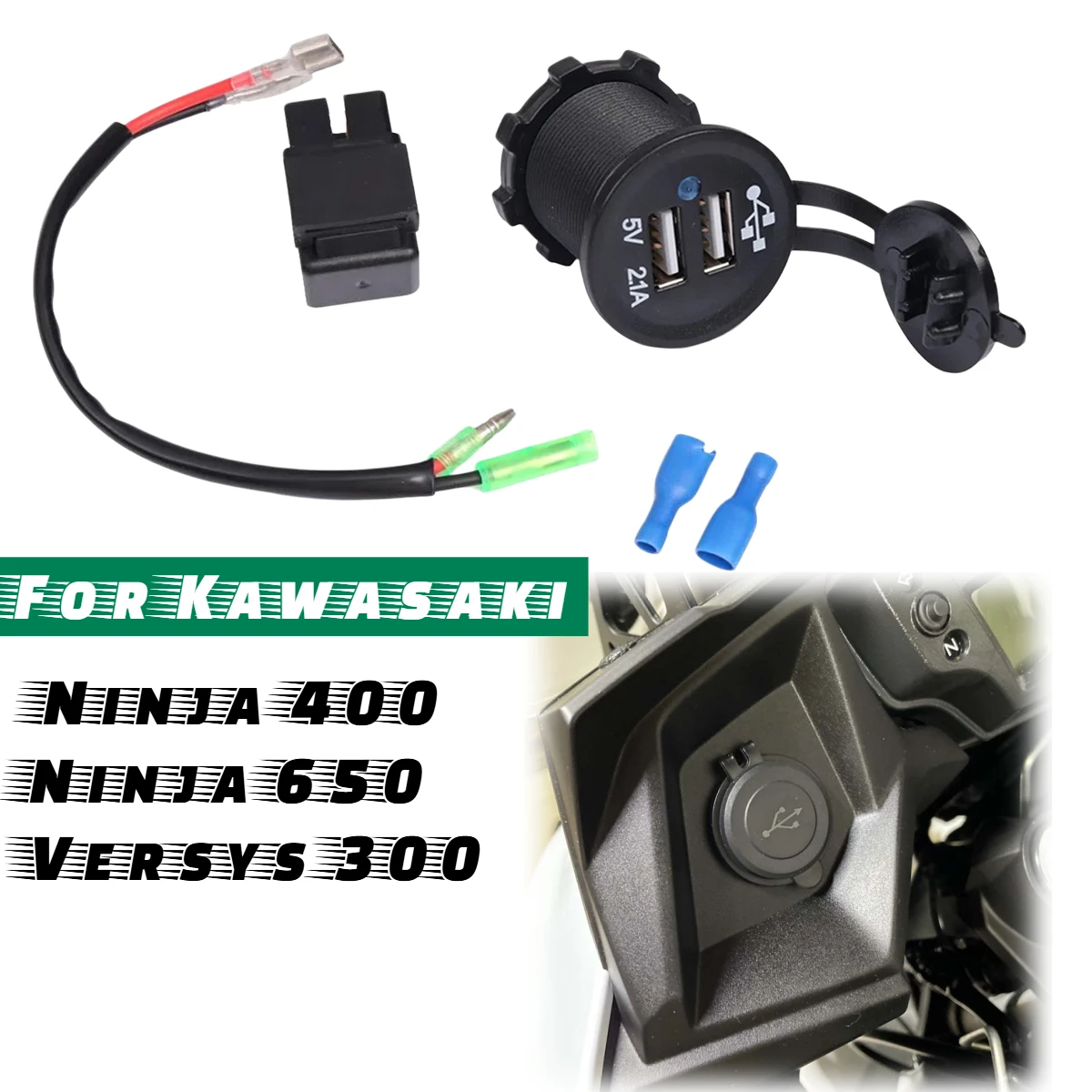 For Kawasaki Ninja 400 Ninja 650 Versys 300 Cellphone Dual USB Fast Charger Relay Adapter Plug Socket Motorcycle Accessories