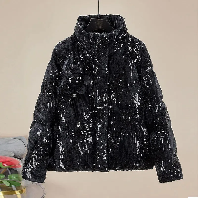 Upscale Sequins Down Cotton Clothes 2022 New Winter Loose Thicken Short Fashion Cotton Coat Miss Keep Warm Padded Jacket