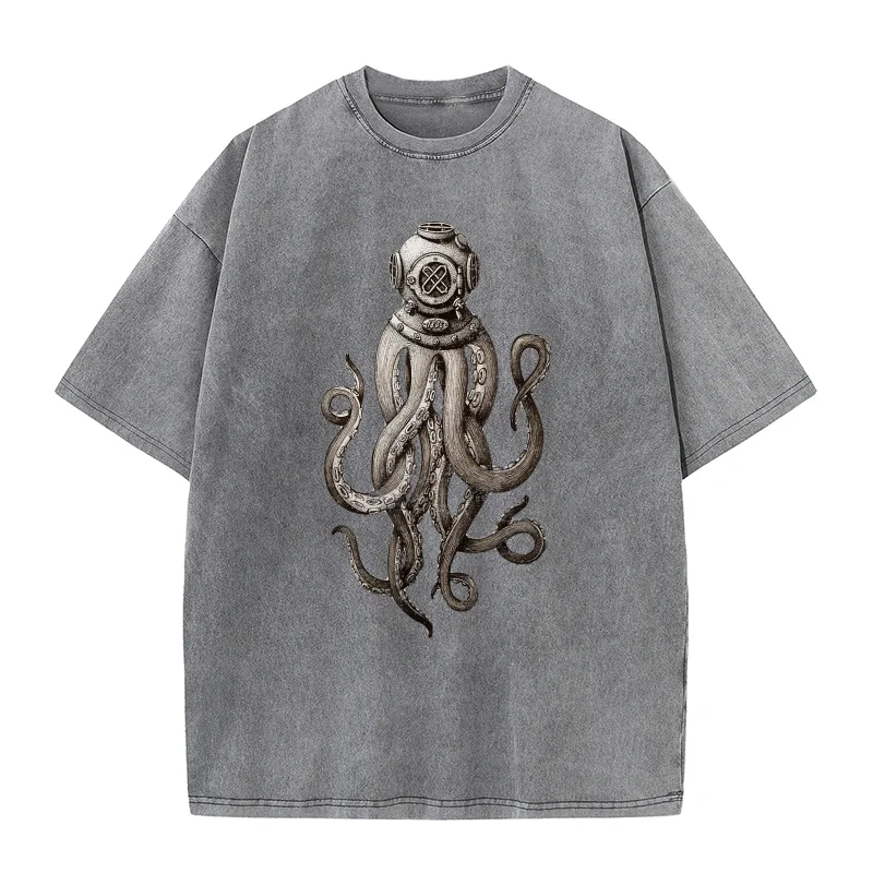 Retro SCUBA Diver Weird Octopus Design Octopus Helmet Pure Cotton T-shirt For Man Oversized Art Graphic Clothing Printed