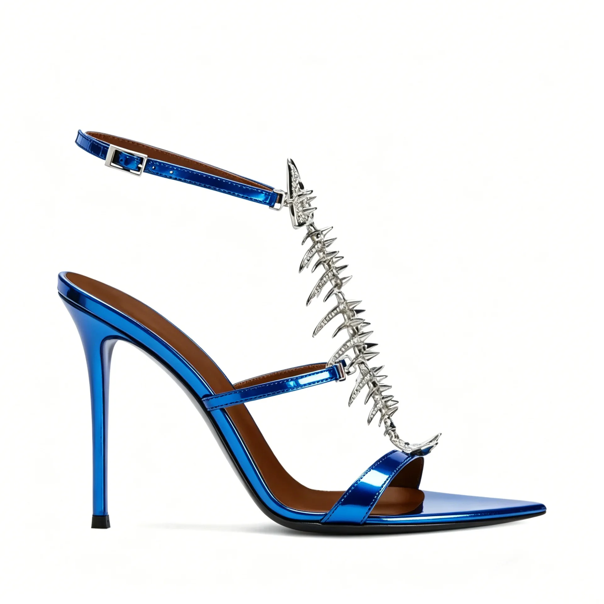

Bling Rhinestone Fish Bone Pointed Toe Summer Women Sandals Stiletto High Heels Buckle Strap Design Large Size Fashion Shoes