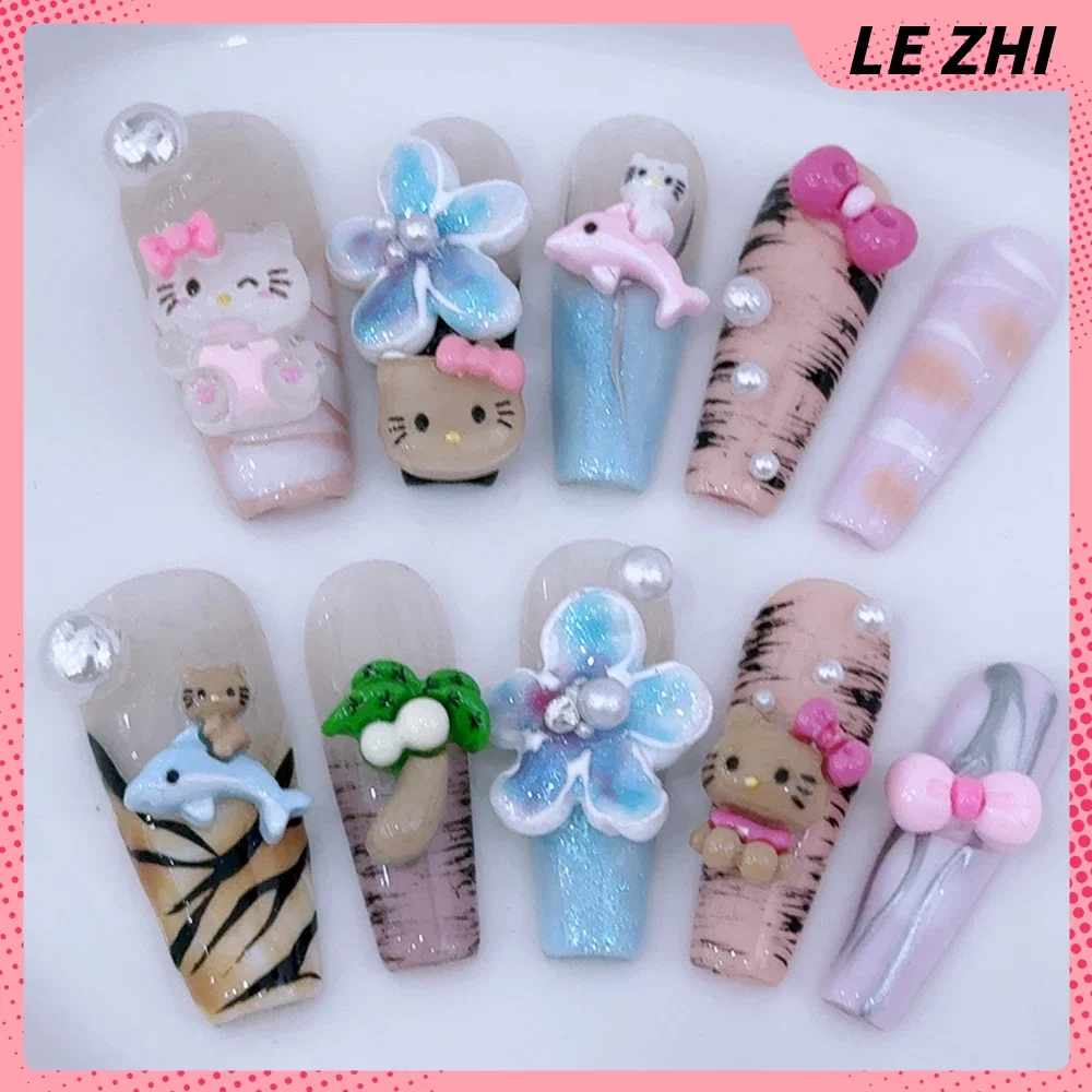 10Pcs Handmade Hello Kitty False Nails Cute Cartoon Girls Halloween Series Product Wearable Nails with Accessories Party Sticker