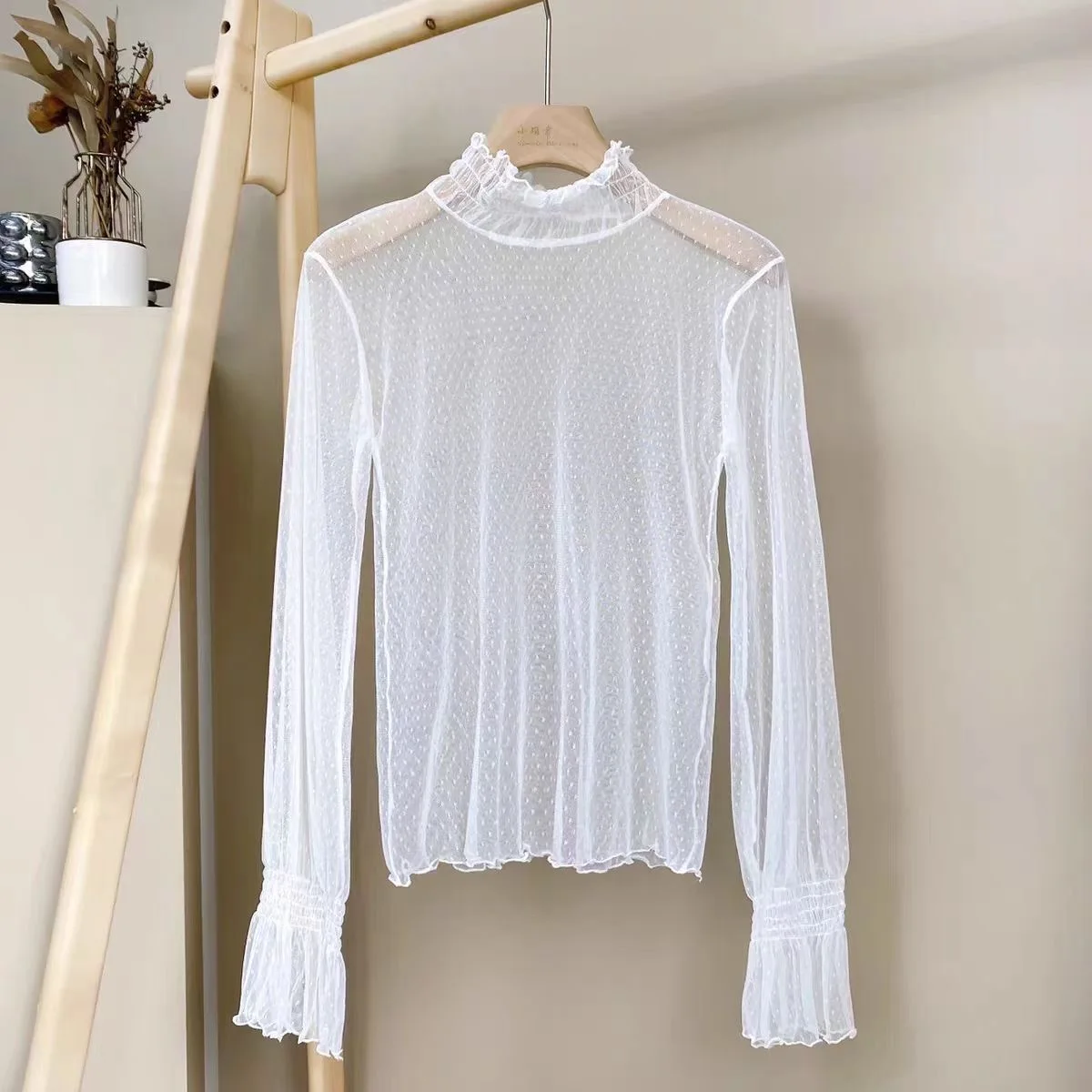 Inner Top Women Home Loungewear Cozy Relax Slow Weekend Morning Bedroom Almond Lace Trim High Neck Long Sleeve Sheer Mesh Doll