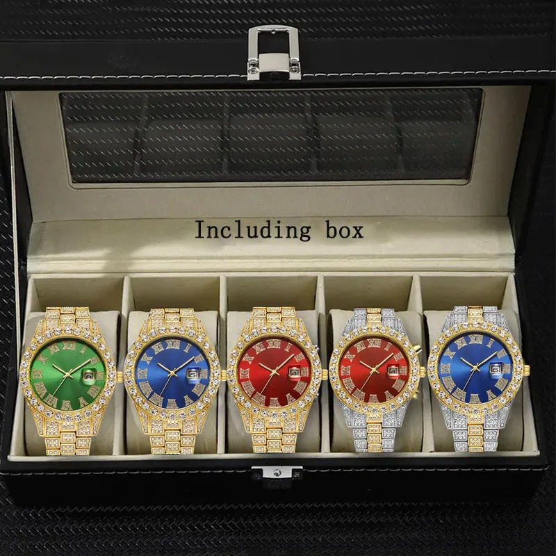 European and American popular men's steel strap hip-hop Roman scale diamond inlaid calendar men's quartz watch set