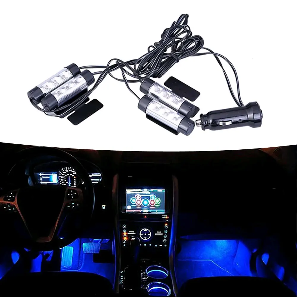 

1Set 4in1 Blue 4x3 LED 12V 4W Lighting Decorative Inside Atmosphere Light Car Auto Interior Charge Foot Lighting Car Lights Lamp