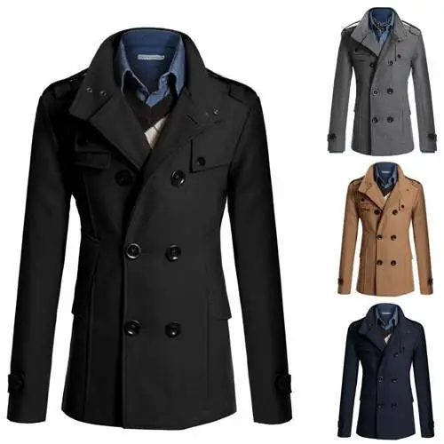 

New Men's Mid-Length Woolen Coat Double-breasted Windbreaker Faionable Urban Sle Winter Coat Side S kets Long Coat