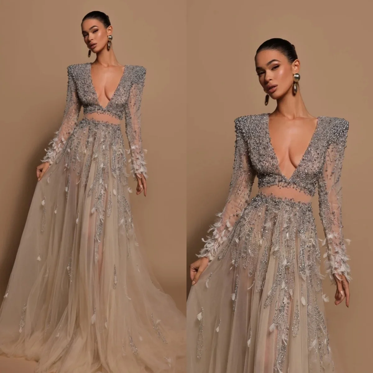 

Fashion Deep V Neck Prom Dresses Elegant Pearls Long Sleeve Evening Dress Floor Length Feather Party Gown Customized