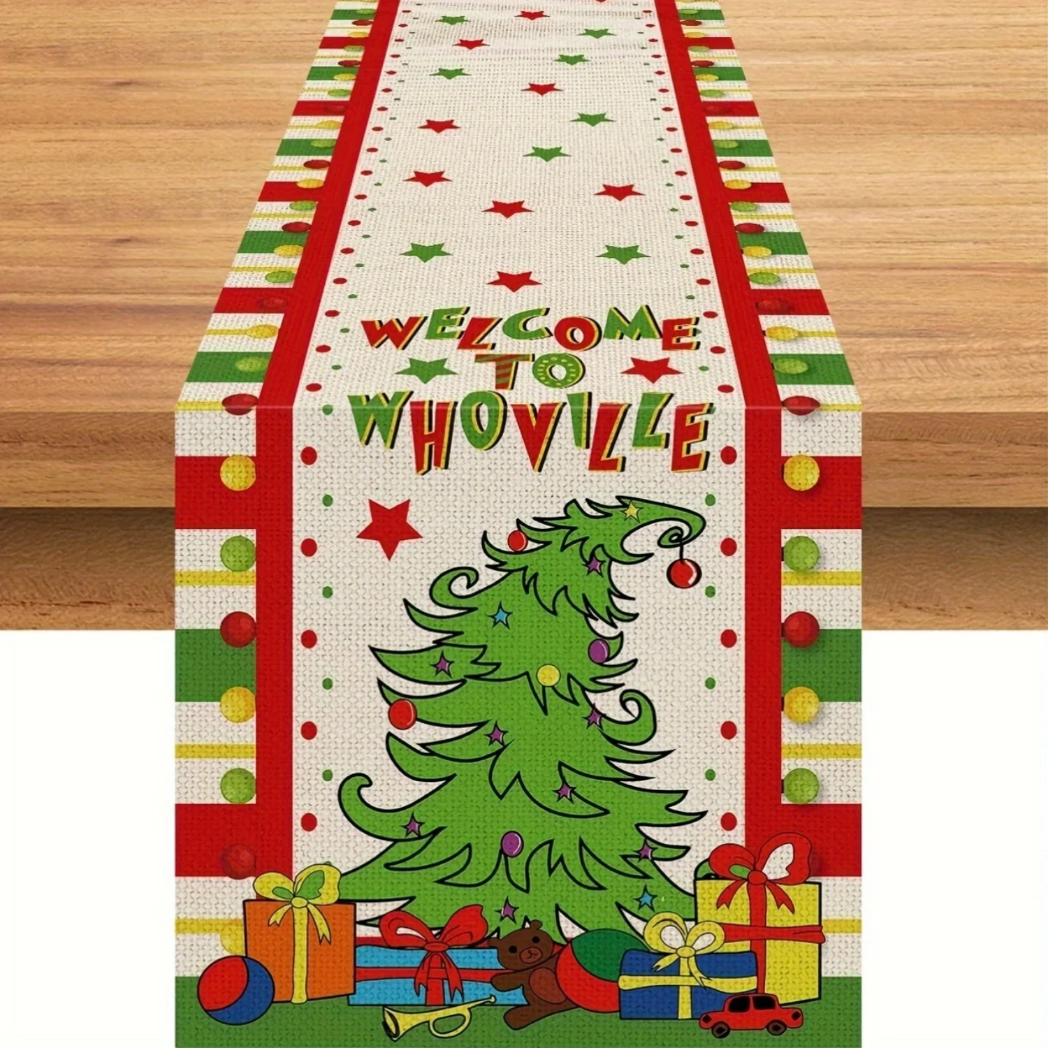 1 x Weihnachts-Tischläufer – festliche Leinen-Küchen- und Partydekoration mit Lebkuchenhaus, Weihnachtsbaum und Geschenkdesign