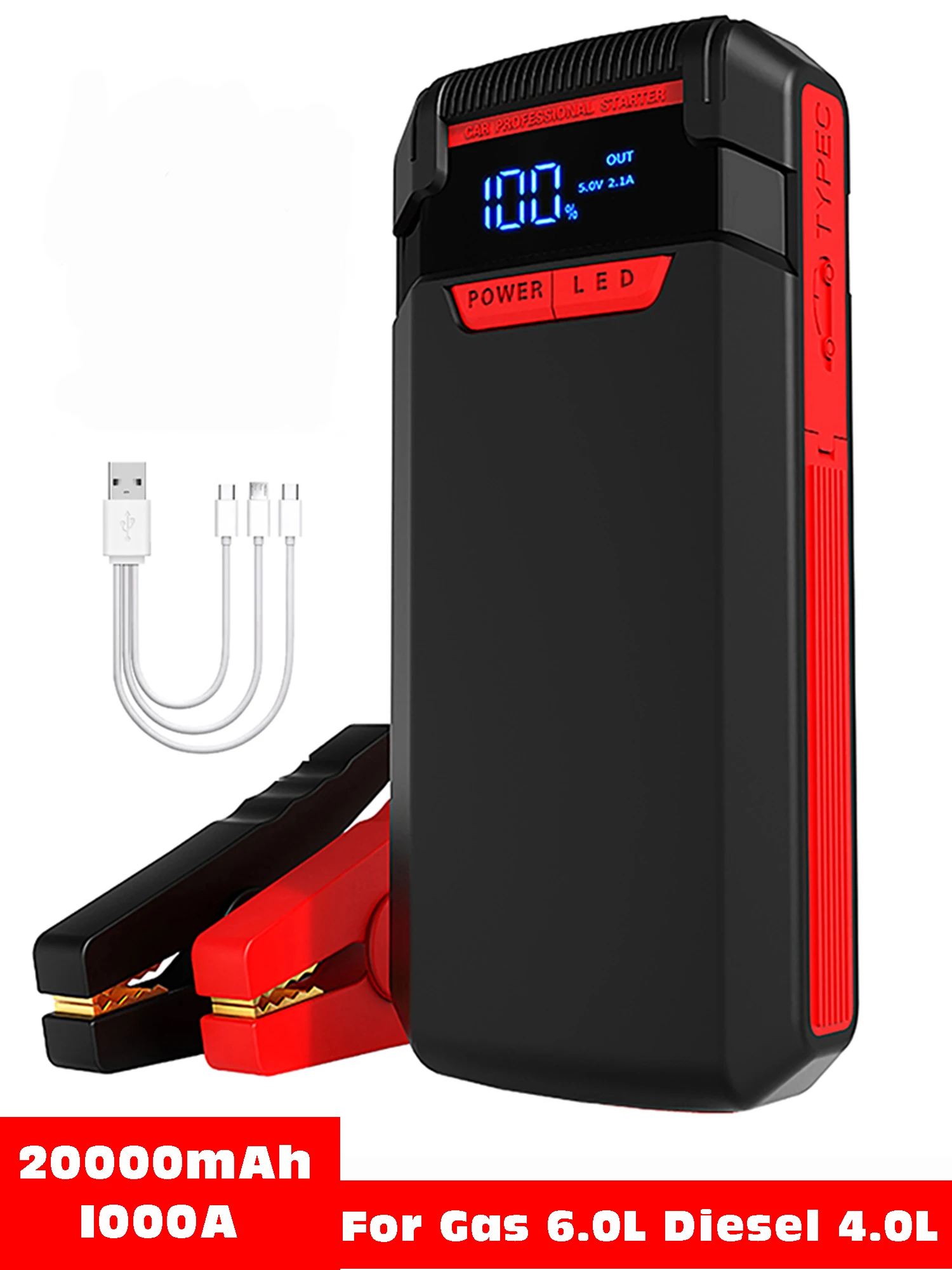 

Car Jump Starter Power Bank, Emergency Battery Booster Charger, Auto Starting for Petrol, Diesel Car Star Device, 20000mAh, 12V