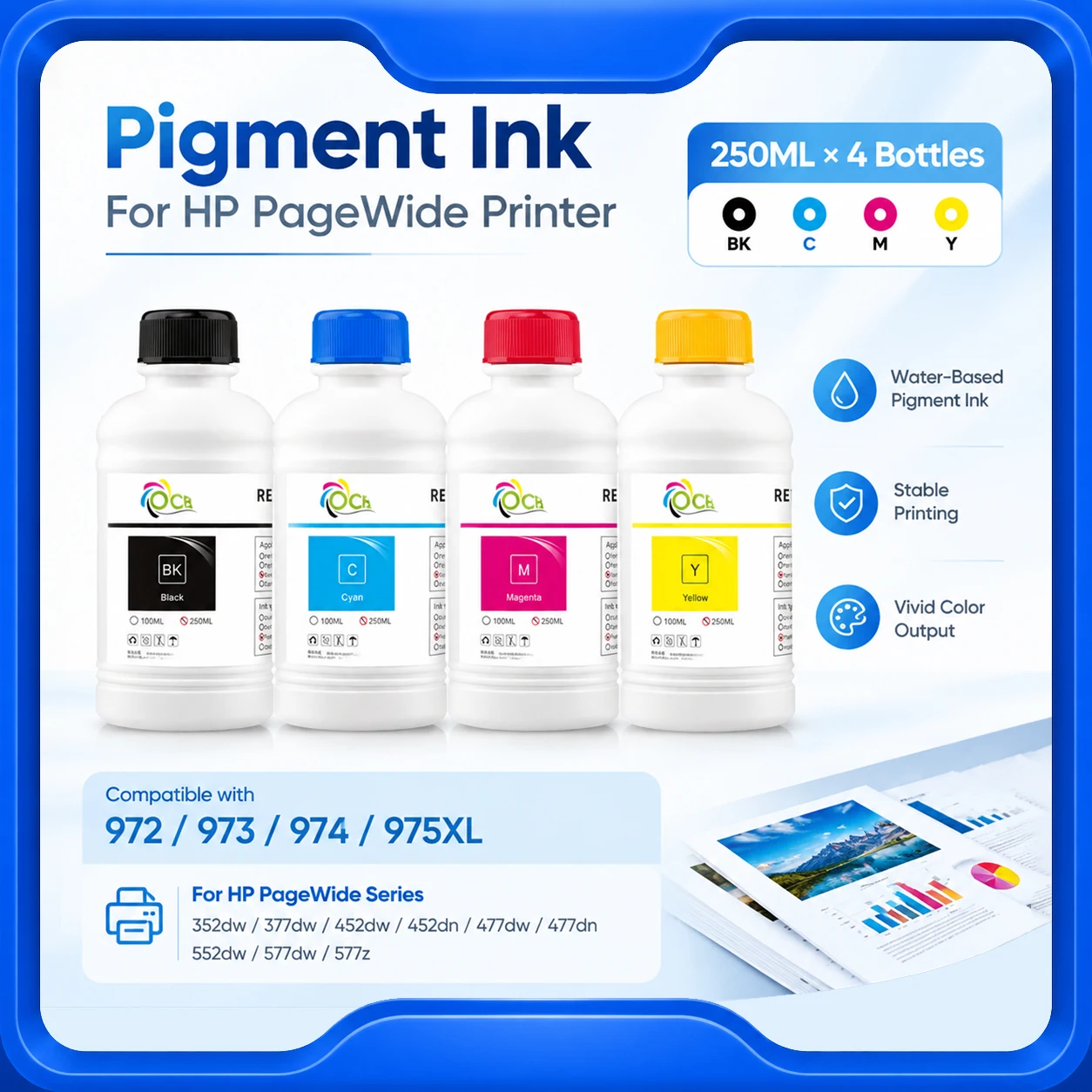 250ML Refill Pigment Ink Kit For HP 974 973 975 Pigment For HP PageWide 452dw 452dn 477dw 477dn 552dw P55250dw P57750dw Printer