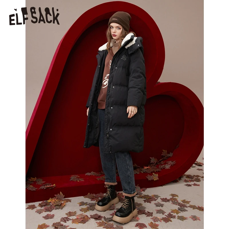 ELFSACK Black Warm Down Coats Women 2022 Winter Windproof Long Outwears