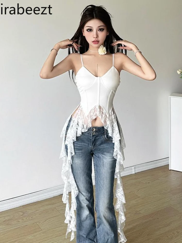 Korean Spice Girl Lace Patchwork Ruffled Waistcoat Female Irregular Slim Top Summer Korean Fashion Clothing Gothic Clothes