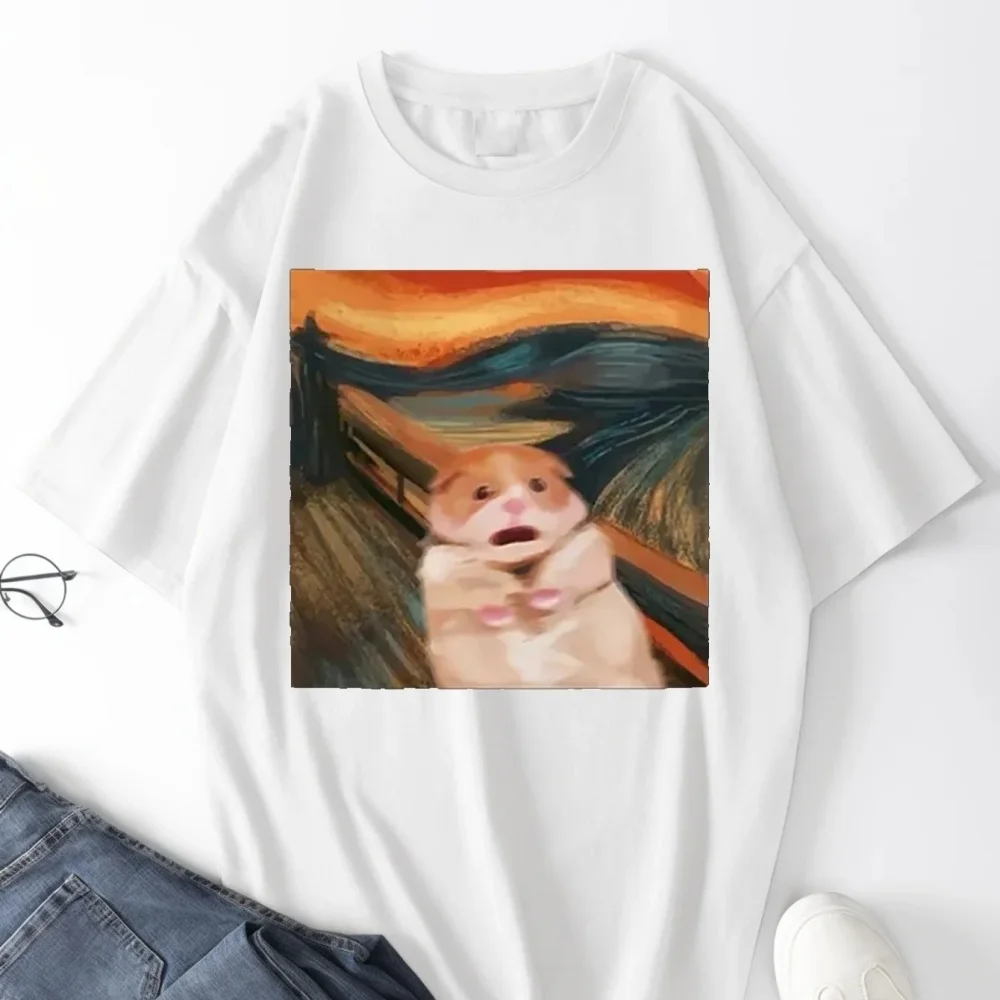 Funny Screaming Hamster Graphic Print Creative Top Casual Short Sleeve Crew Neck T-shirt Clothing for Summer Women Clothing