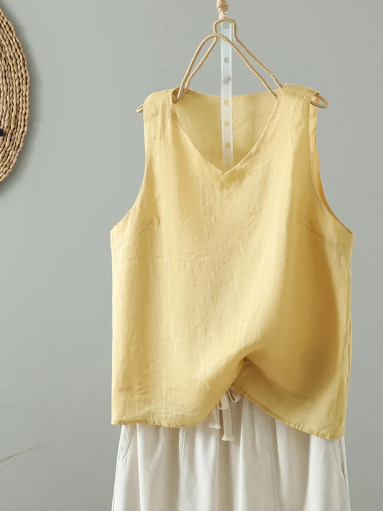 Gilet casual in cotone e lino da donna, base estiva sottile, materiale in lino irt, top in testa, colore artistico, semplice De...