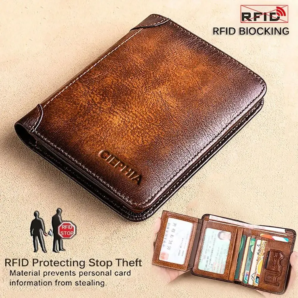 1Pcs Durable PU Leather Men Wallet Vintage Thin ID Credit Card Holder RFID Blocking Short Trifold Wallet