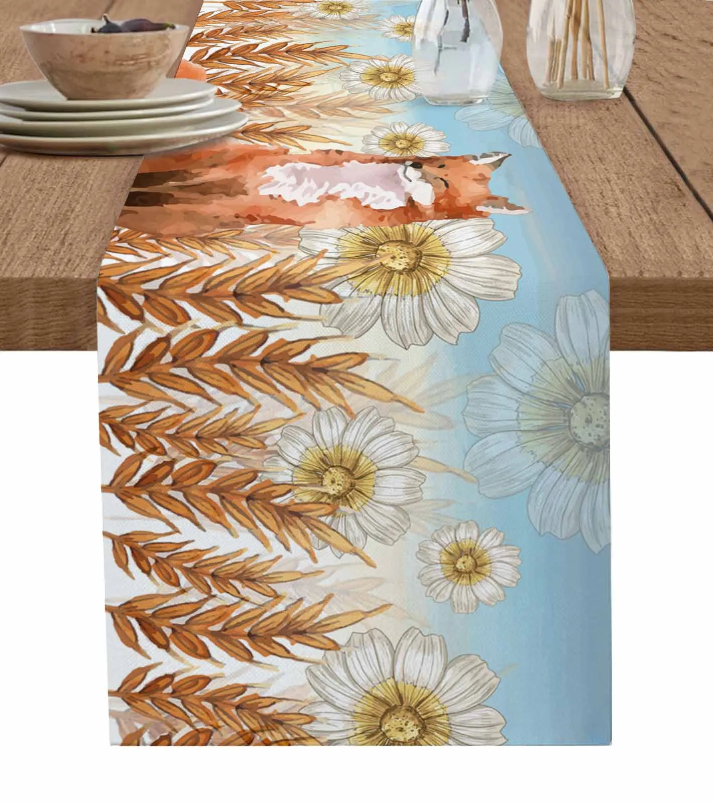 Autumn Plant Wheat Ears Daisy Fox Watercolor Table Runner Decoration Home Decor Dinner Table Decoration Table Runners Tassel