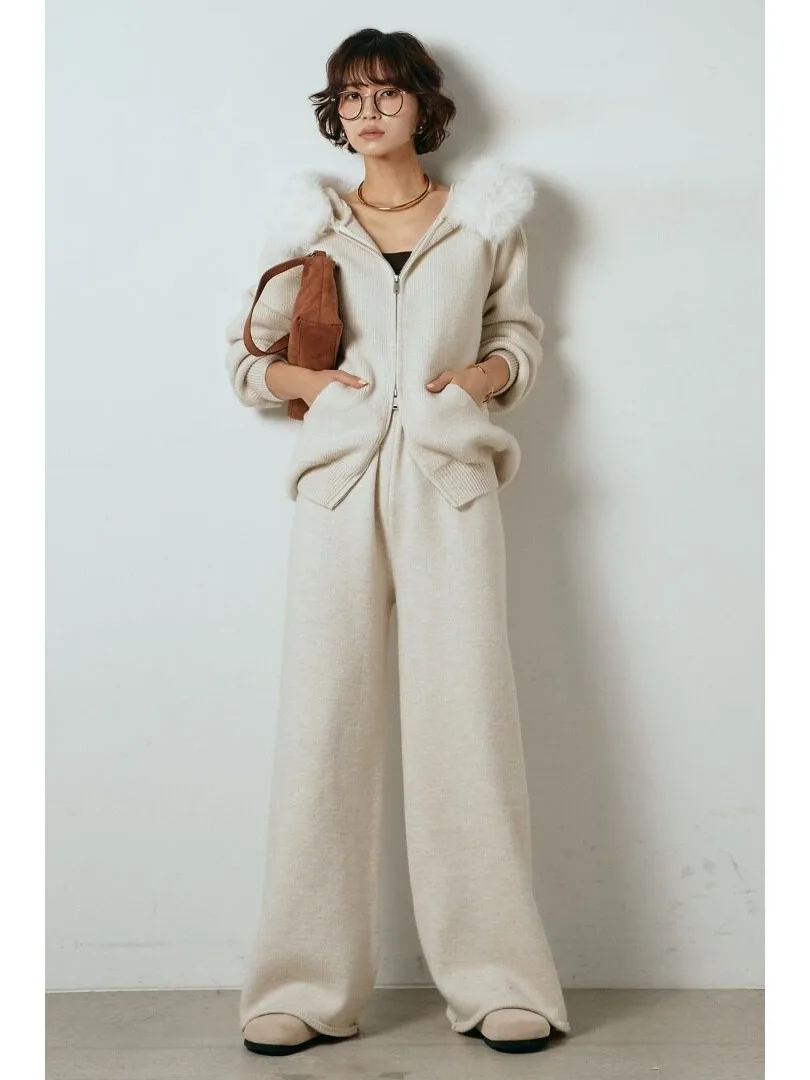 Women's Knitted Cardigan And High Waist Wide Leg Pants Two-Piece Set Lazy Style Large Fur Collar Autumn Winter New Arrival