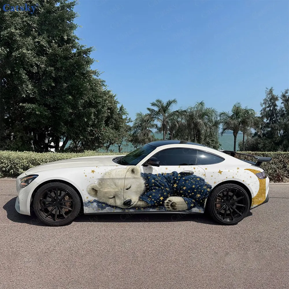 2pcs Night Sleeping Cute Pet Car Side Wraps, Self-Adhesive PVC Waterproof & Scratch-Resistant Stickers, Car Accessory Gift