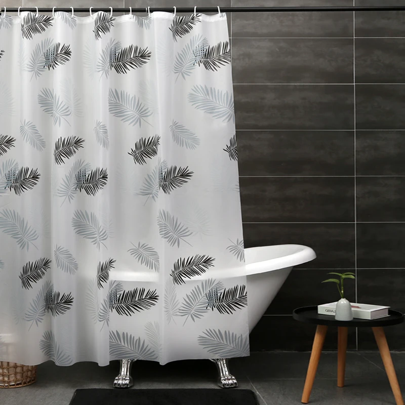 Shower Curtain Gray Black Leave Printed White Bathroom Curtain PVEA Fabric Water Resistant Modern Style Shower Curtains 240cm