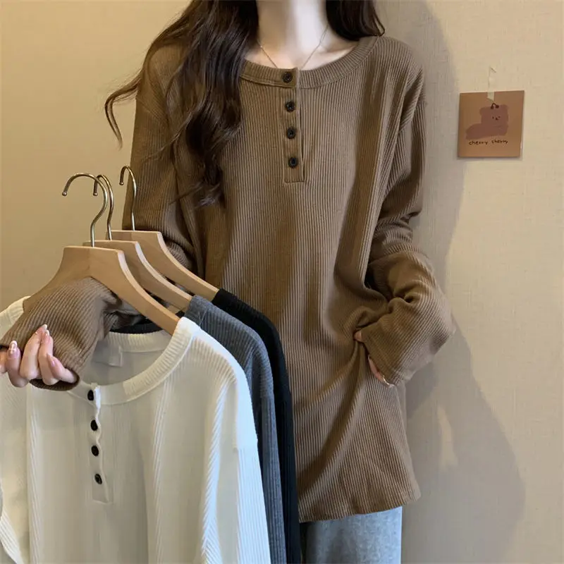 Casual Simplicity Bottoming Top Spring Autumn New Long Sleeve O-neck Loose Solid Color T Shirts Fashion Korean Women Clothing