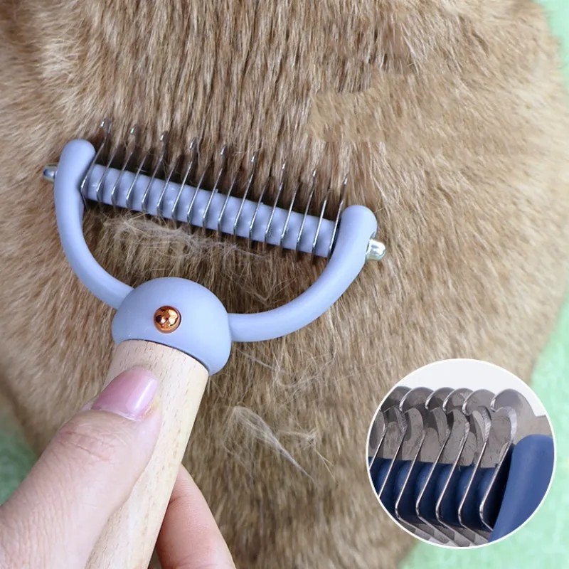 Dog Brush Pet Hair Remover Stainless Steel Knife Combs for Dog Gromming Double-sided Pet Hair Comb Wooden Handle Dogs Brushes